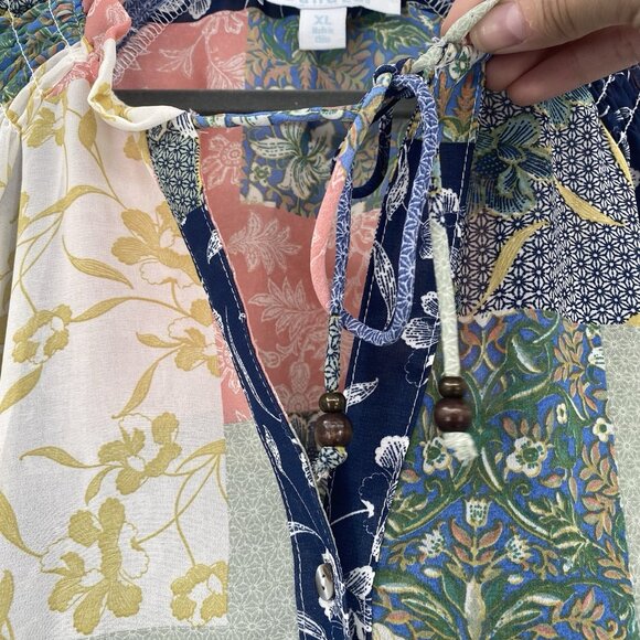 Bunulu Women's XL Mixed Print Boho Peasant Smocked Beaded Tie Front Blouse Sheer - Picture 9 of 13